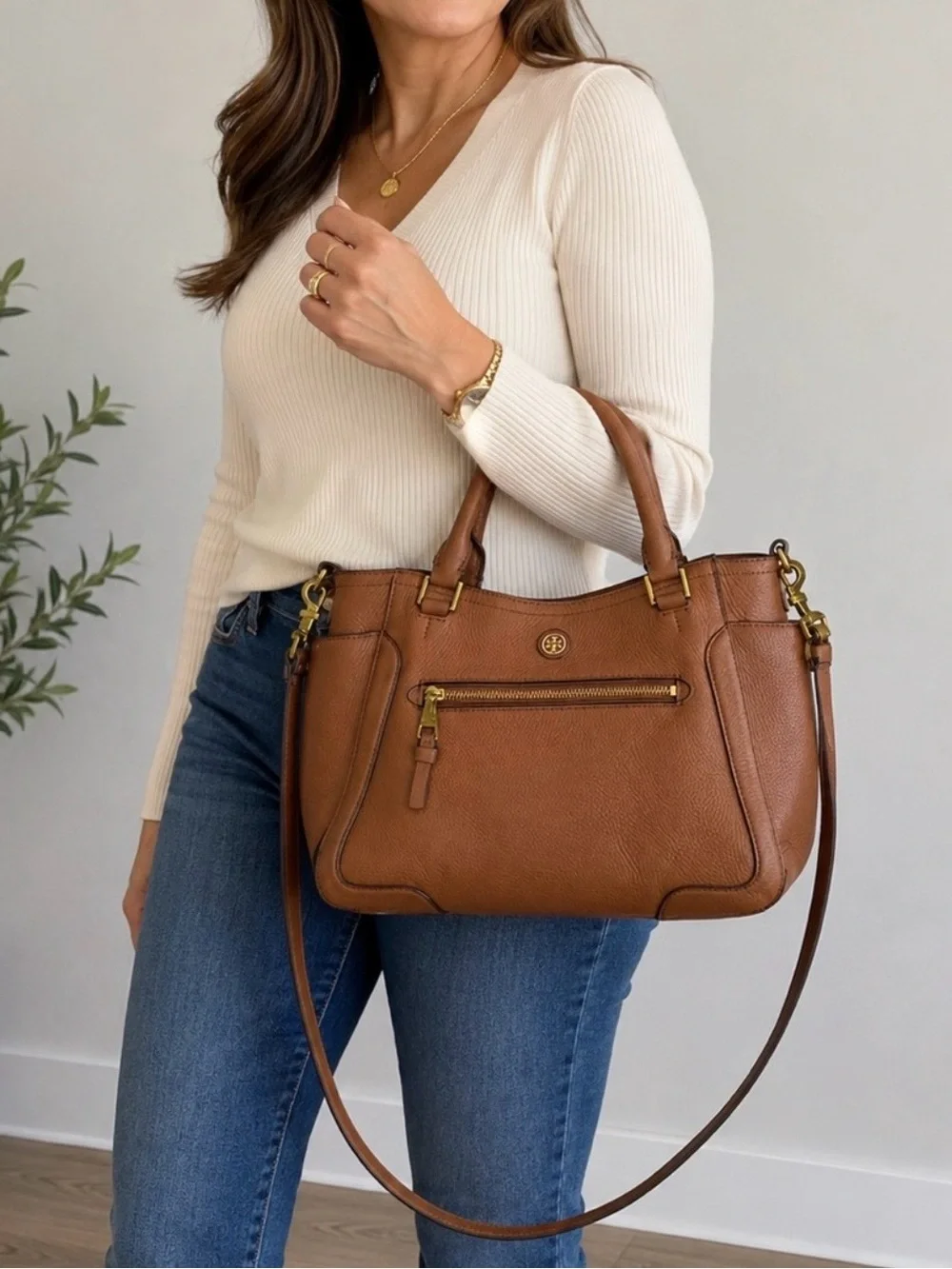 Tory Burch Tan Leather Frances Satchel with Detachable Strap